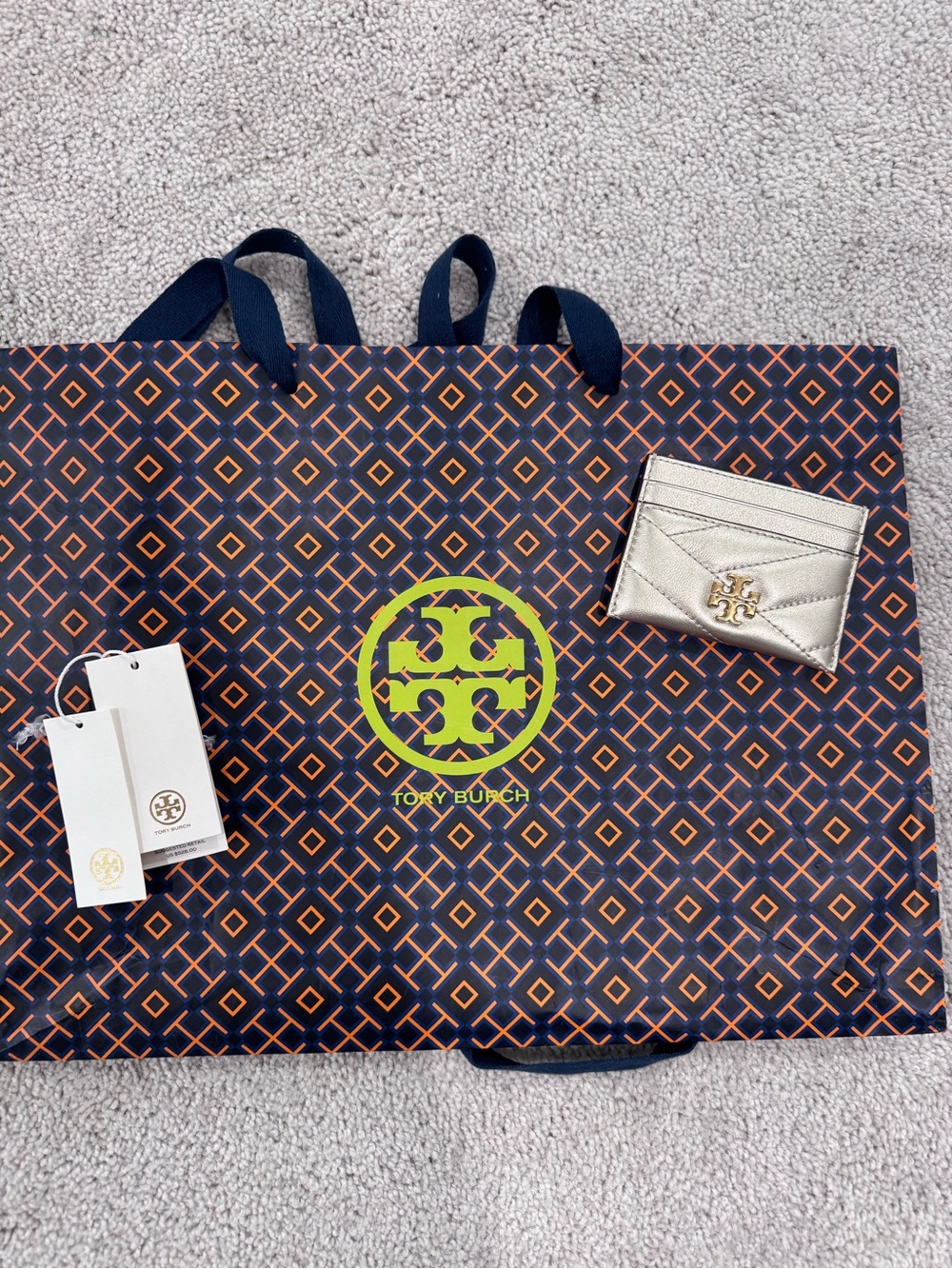 Tory Burch Silver Metallic Card Holder with Gold Logo